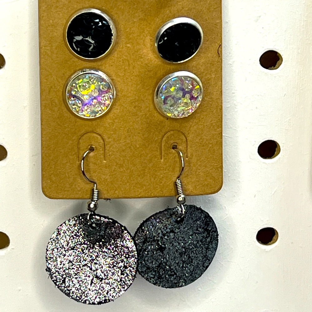 New hand made earrings. Silver & Black Bezel leather crackle set. 3 pair.